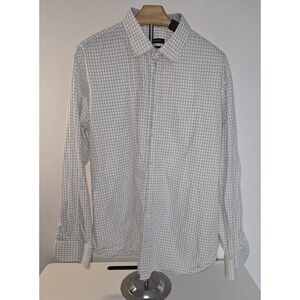 Bugatchi Men's Long Sleeve Shirt White Blue Check Large Flip‎ Cuff Workwear -228